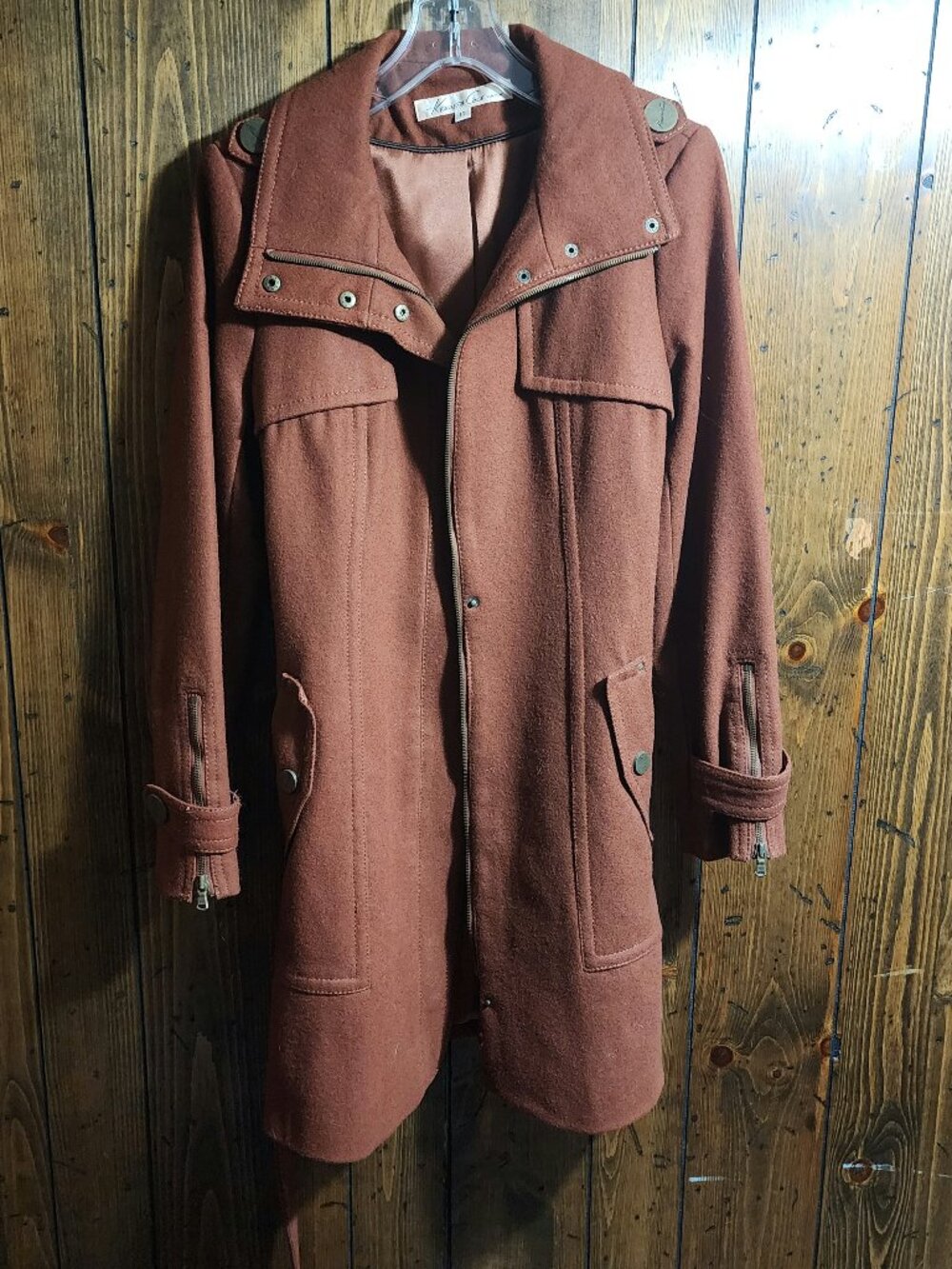 Kenneth Cole New York Rust Brown Wool Blend Belted Trench Coat Size 10